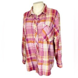 American Sweetheart‎ flannel shirt XL pink orange yellow cottagecore pattern